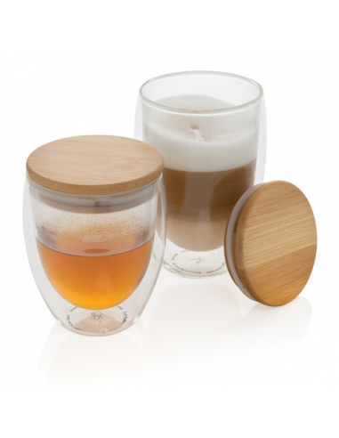 Set 2 bicchieri in vetro borosilicato con tappo in bambù