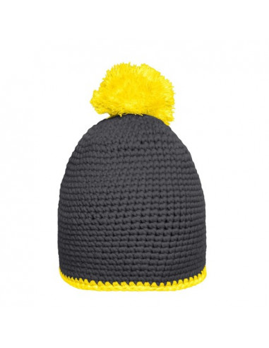 Pompon Hat with Contrast Stripe