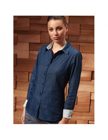 Women's Denim-Pindot Long Sleeve Shirt